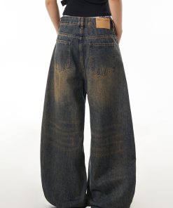 Vintage Yellow Mud Dyed Curved Blade Jeans for Women, Washed Distressed Loose Wide-Leg Casual Pants, Y2K Fashion