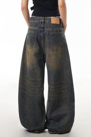 Vintage Yellow Mud Dyed Curved Blade Jeans for Women, Washed Distressed Loose Wide-Leg Casual Pants, Y2K Fashion