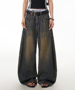 Vintage Yellow Mud Dyed Curved Blade Jeans for Women, Washed Distressed Loose Wide-Leg Casual Pants, Y2K Fashion