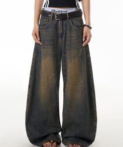 Vintage Yellow Mud Dyed Curved Blade Jeans for Women, Washed Distressed Loose Wide-Leg Casual Pants, Y2K Fashion