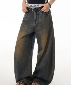 Vintage Yellow Mud Dyed Curved Blade Jeans for Women, Washed Distressed Loose Wide-Leg Casual Pants, Y2K Fashion