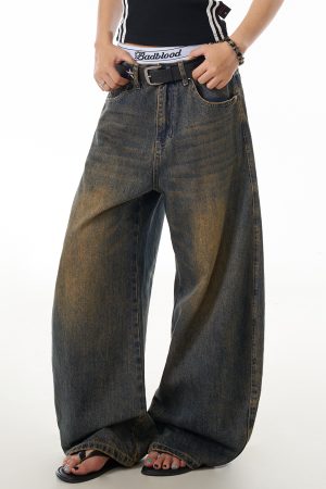 Vintage Yellow Mud Dyed Curved Blade Jeans for Women, Washed Distressed Loose Wide-Leg Casual Pants, Y2K Fashion