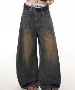 Vintage Yellow Mud Dyed Curved Blade Jeans for Women, Washed Distressed Loose Wide-Leg Casual Pants, Y2K Fashion