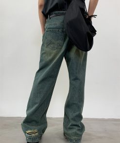 Vintage Yellow Wash Distressed Jeans with Roaring Beast Design - Retro 90s Style, Casual Fashion for a Trendy Look