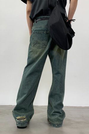 Vintage Yellow Wash Distressed Jeans with Roaring Beast Design - Retro 90s Style, Casual Fashion for a Trendy Look