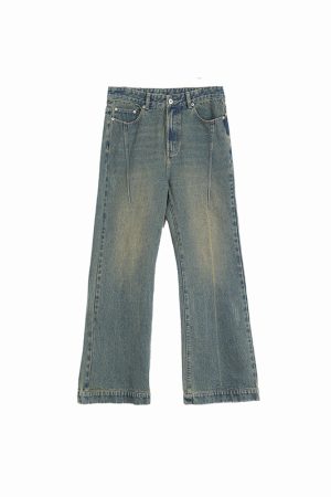 Vintage Yellow Wash Distressed Jeans with Roaring Beast Design - Retro 90s Style, Casual Fashion for a Trendy Look