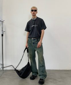 Vintage Yellow Wash Distressed Jeans with Roaring Beast Design - Retro 90s Style, Casual Fashion for a Trendy Look