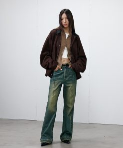 Vintage Yellow Wash Distressed Jeans with Roaring Beast Design - Retro 90s Style, Casual Fashion for a Trendy Look