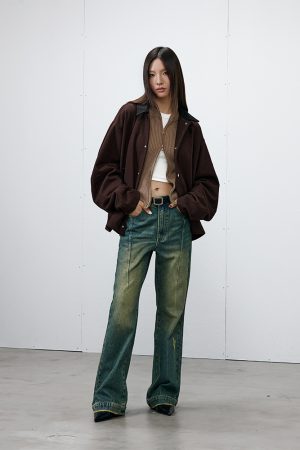Vintage Yellow Wash Distressed Jeans with Roaring Beast Design - Retro 90s Style, Casual Fashion for a Trendy Look