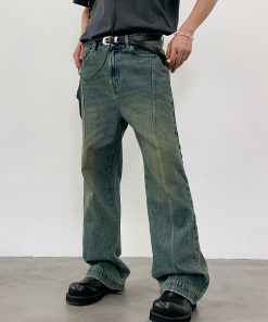 Vintage Yellow Wash Distressed Jeans with Roaring Beast Design - Retro 90s Style, Casual Fashion for a Trendy Look