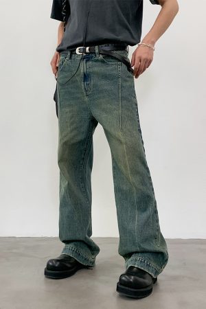 Vintage Yellow Wash Distressed Jeans with Roaring Beast Design - Retro 90s Style, Casual Fashion for a Trendy Look