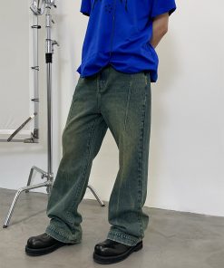 Vintage Yellow Wash Distressed Jeans with Roaring Beast Design - Retro 90s Style, Casual Fashion for a Trendy Look