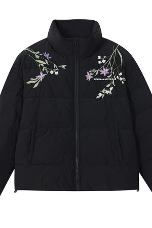 Violet Floral Embroidered Zipper Down Jacket - Plant-Themed Fashion for 90s and Y2K Inspired Styles