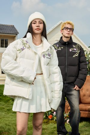 Violet Floral Embroidered Zipper Down Jacket - Plant-Themed Fashion for 90s and Y2K Inspired Styles