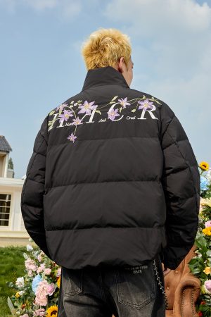 Violet Floral Embroidered Zipper Down Jacket - Plant-Themed Fashion for 90s and Y2K Inspired Styles