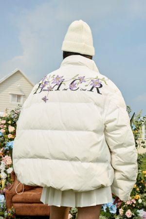 Violet Floral Embroidered Zipper Down Jacket - Plant-Themed Fashion for 90s and Y2K Inspired Styles