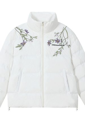 Violet Floral Embroidered Zipper Down Jacket - Plant-Themed Fashion for 90s and Y2K Inspired Styles