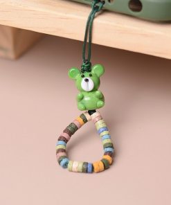 Volcanic Stone Glass Bear Phone Strap - Anti-Lost Wrist Chain Pendant with Beads for Stylish Carrying