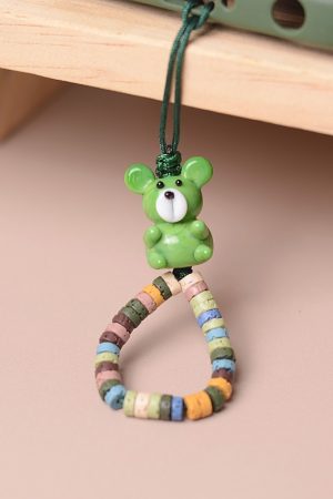 Volcanic Stone Glass Bear Phone Strap - Anti-Lost Wrist Chain Pendant with Beads for Stylish Carrying