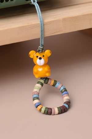 Volcanic Stone Glass Bear Phone Strap - Anti-Lost Wrist Chain Pendant with Beads for Stylish Carrying