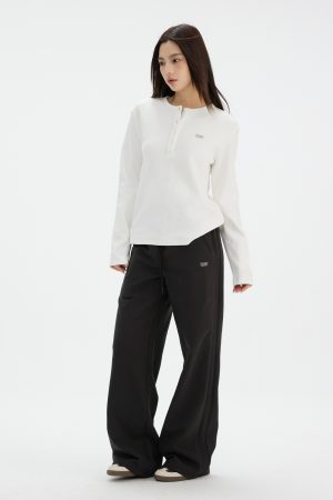 Waffle Henley Long Sleeve T-Shirt for Women - Spring Fashion, Versatile Casual Top, Comfortable Style, 90s Inspired