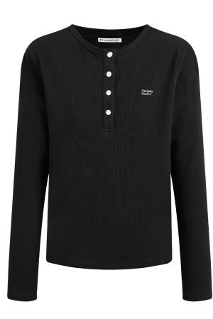 Waffle Henley Long Sleeve T-Shirt for Women - Spring Fashion, Versatile Casual Top, Comfortable Style, 90s Inspired