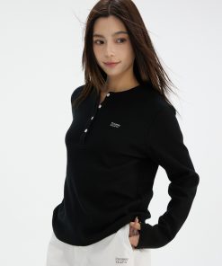 Waffle Henley Long Sleeve T-Shirt for Women - Spring Fashion, Versatile Casual Top, Comfortable Style, 90s Inspired