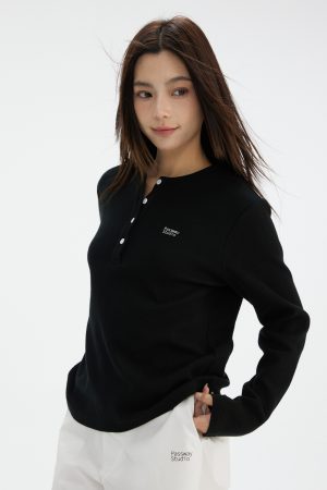 Waffle Henley Long Sleeve T-Shirt for Women - Spring Fashion, Versatile Casual Top, Comfortable Style, 90s Inspired
