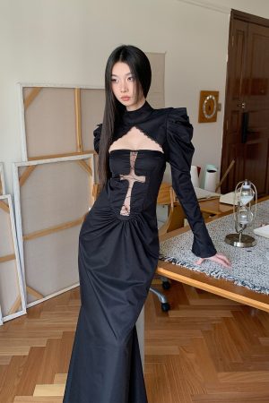 Waist-Cinching Hollow Spider Web Dress - Bizarre Witch Bodycon Gown for Hot Girls, Y2K Style Long Skirt