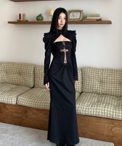 Waist-Cinching Hollow Spider Web Dress - Bizarre Witch Bodycon Gown for Hot Girls, Y2K Style Long Skirt