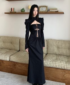 Waist-Cinching Hollow Spider Web Dress - Bizarre Witch Bodycon Gown for Hot Girls, Y2K Style Long Skirt