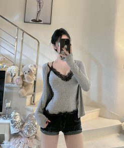 Waist-Cinching Slim-Fit Lace Vest Two-Piece Set - Trendy Cardigan Outfit for Y2K and Korean Style Fashion