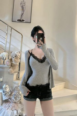 Waist-Cinching Slim-Fit Lace Vest Two-Piece Set - Trendy Cardigan Outfit for Y2K and Korean Style Fashion