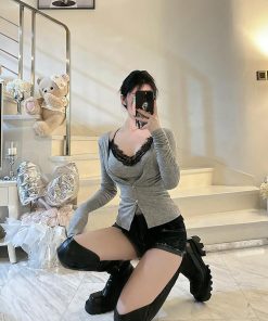 Waist-Cinching Slim-Fit Lace Vest Two-Piece Set - Trendy Cardigan Outfit for Y2K and Korean Style Fashion