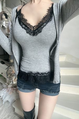 Waist-Cinching Slim-Fit Lace Vest Two-Piece Set - Trendy Cardigan Outfit for Y2K and Korean Style Fashion
