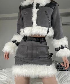 Warm and Soft Lamb Shearling Suede Coat Set with Leather and Fur Integration - Chic Outerwear for Fall and Winter Fashion
