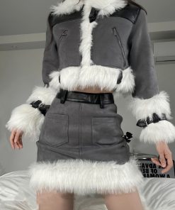 Warm and Soft Lamb Shearling Suede Coat Set with Leather and Fur Integration - Chic Outerwear for Fall and Winter Fashion