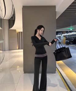 Warm Fleece Brushed Deerskin Supermodel Set - High-End Autumn Winter Two-Piece Top & Flared Long Pants for Chic Style