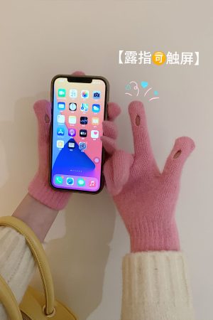 Warm Korean Style Five-Finger Touchscreen Knitted Gloves for Women - Winter 2025 Windproof and Frostproof Cycling Accessories