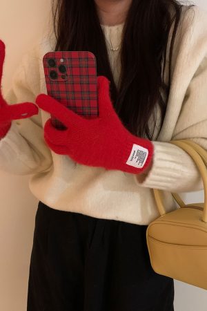 Warm Korean Style Five-Finger Touchscreen Knitted Gloves for Women - Winter 2025 Windproof and Frostproof Cycling Accessories