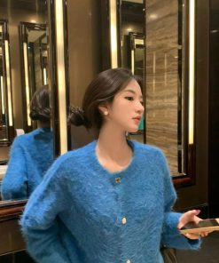 Warm Pumpkin Blue Knitted Cardigan for Women â€“ Soft Alpaca Wool Cashmere Sweater Coat for Autumn and Winter Fashion