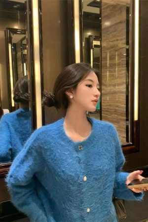 Warm Pumpkin Blue Knitted Cardigan for Women â€“ Soft Alpaca Wool Cashmere Sweater Coat for Autumn and Winter Fashion