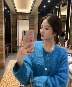 Warm Pumpkin Blue Knitted Cardigan for Women â€“ Soft Alpaca Wool Cashmere Sweater Coat for Autumn and Winter Fashion