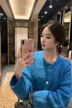 Warm Pumpkin Blue Knitted Cardigan for Women â€“ Soft Alpaca Wool Cashmere Sweater Coat for Autumn and Winter Fashion
