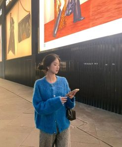 Warm Pumpkin Blue Knitted Cardigan for Women â€“ Soft Alpaca Wool Cashmere Sweater Coat for Autumn and Winter Fashion