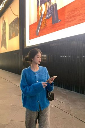 Warm Pumpkin Blue Knitted Cardigan for Women â€“ Soft Alpaca Wool Cashmere Sweater Coat for Autumn and Winter Fashion