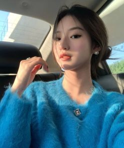 Warm Pumpkin Blue Knitted Cardigan for Women â€“ Soft Alpaca Wool Cashmere Sweater Coat for Autumn and Winter Fashion