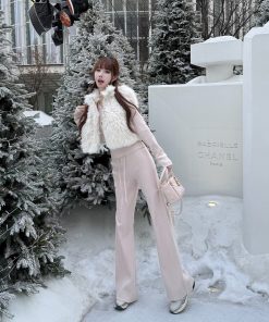 Warm Sweetheart Knitted Long Sleeve T-Shirt & V-Neck Casual Pants Set - Elegant Two-Piece Slimming Outfit for Cozy Style