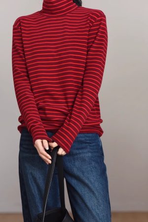 Warm Thickened Brushed Fleece High-Neck Long Sleeve Thermal T-Shirt - Color-Printed Striped Australian Wool Base Layer