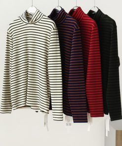 Warm Thickened Brushed Fleece High-Neck Long Sleeve Thermal T-Shirt - Color-Printed Striped Australian Wool Base Layer
